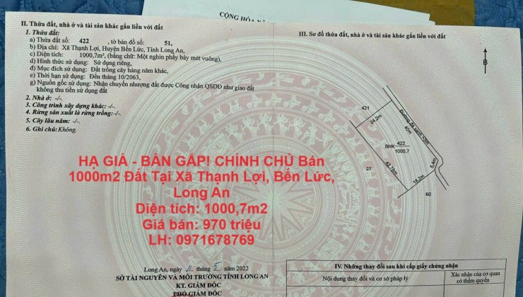 HẠ GIÁ - BÁN GẤP! CHÍNH CHỦ Bán 1000m2 Đất Tại Xã Thạnh Lợi, Bến Lức, Long An